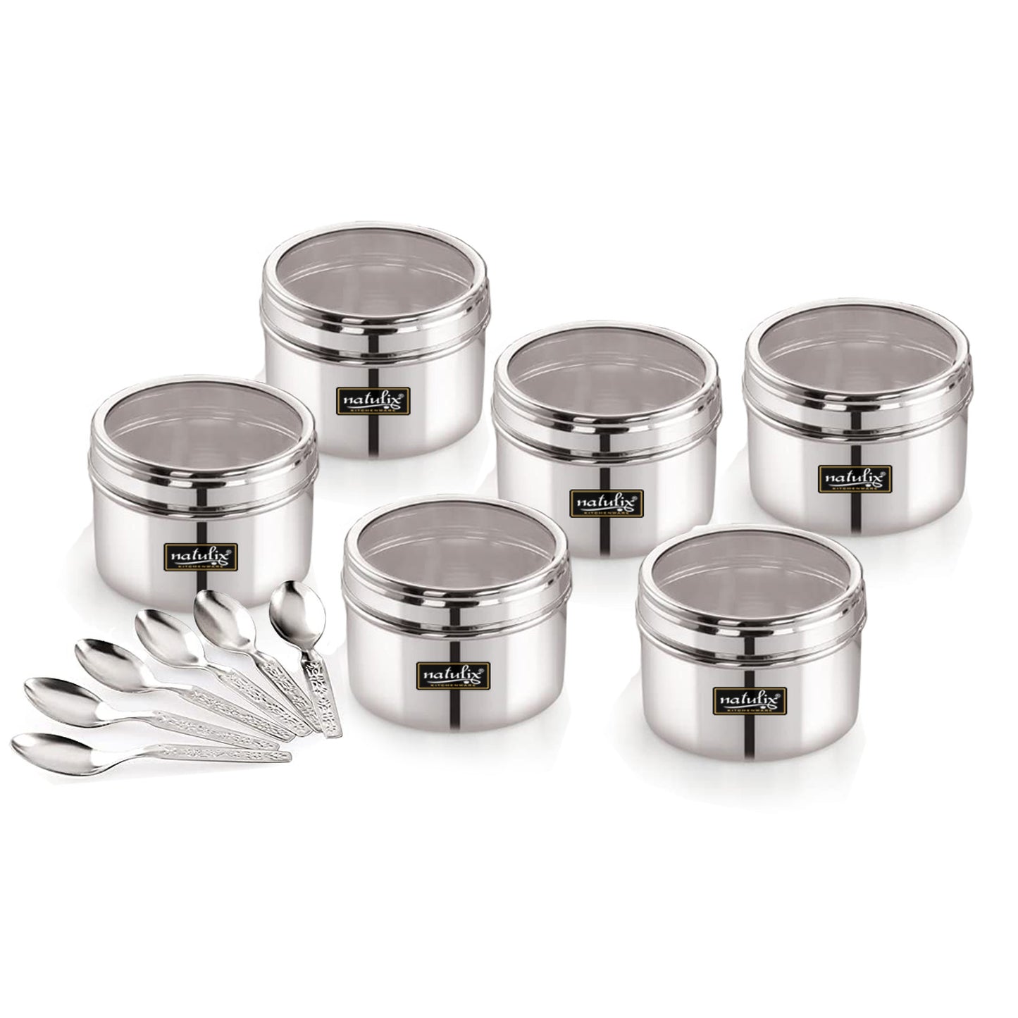 NATULIX Stainless Steel Multipurpose Kitchen Containers | Dry fruit Box With See Through Lid And 6 Small Spoons - 400ml each