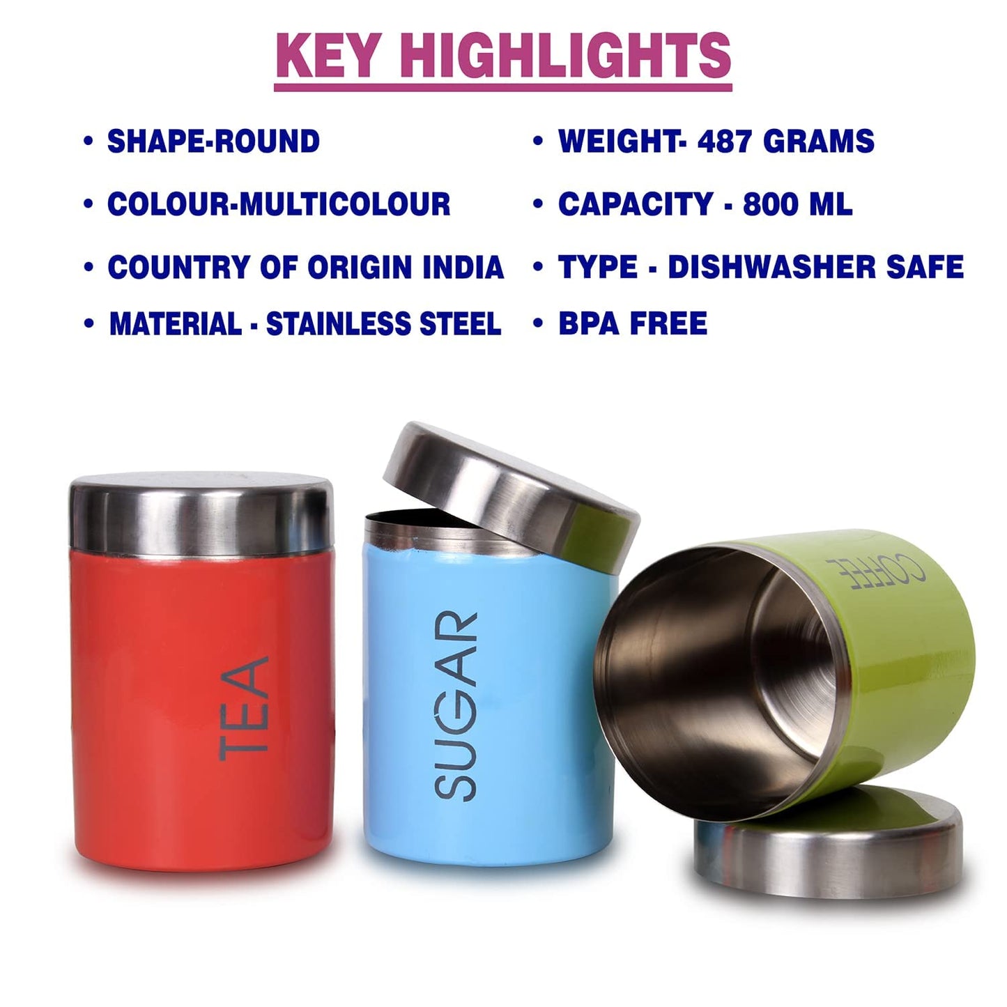 NATULIX Stainless Steel Rainbow Tea Coffee Sugar Container Set of 3 - 800ml each