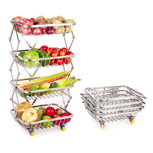 NATULIX Stainless Steel Heavy Gauge Foldable Vegetable Tolly - 4 Layer