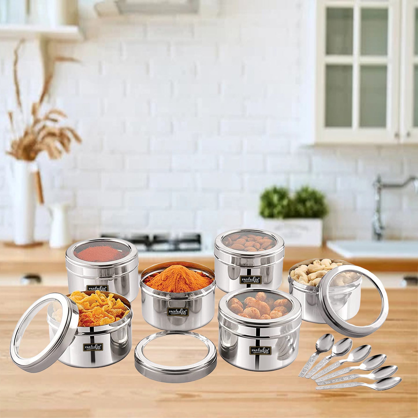 NATULIX Stainless Steel Multipurpose Kitchen Containers | Dry fruit Box With See Through Lid And 6 Small Spoons - 400ml each