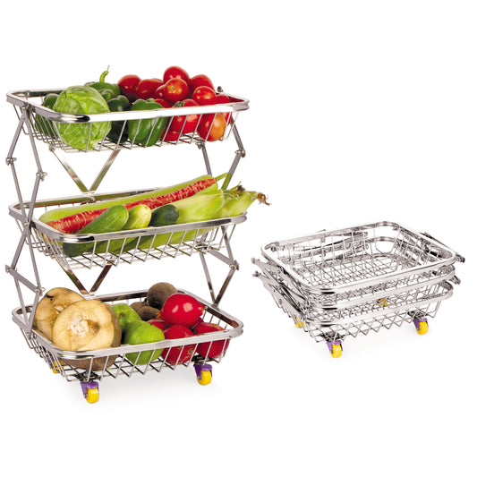 NATULIX Stainless Steel Heavy Gauge Foldable Vegetable Tolly - 3 Layer