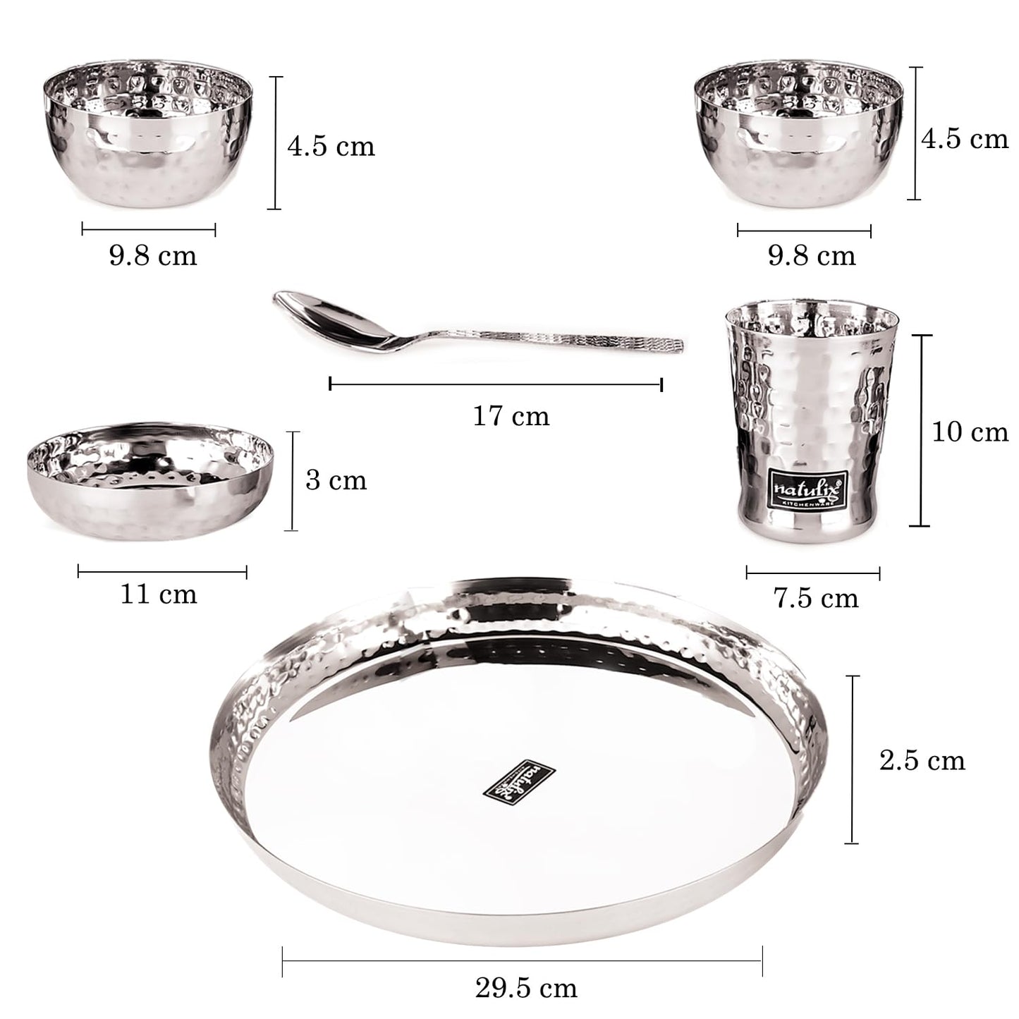 NATULIX Royal Stainless Steel Hammered Finish Dinner Set of 6 Pcs ( 1 Thali, 2 Bowl, 1 Sweet Plate, 1 Spoon & 1 Glass)