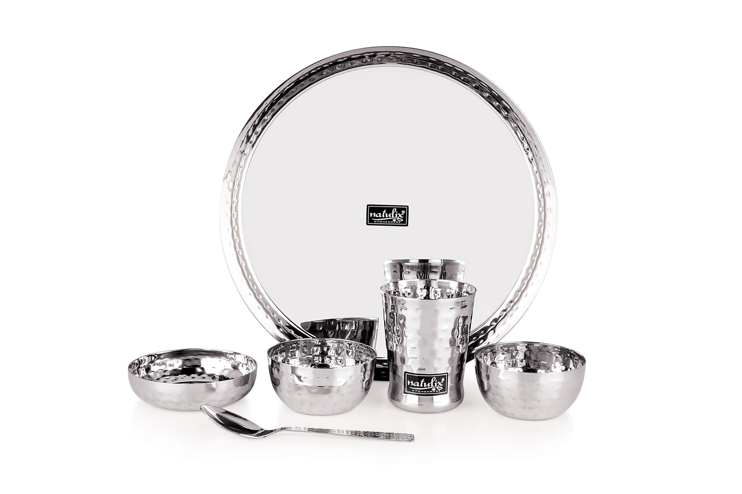 NATULIX Royal Stainless Steel Hammered Finish Dinner Set of 6 Pcs ( 1 Thali, 2 Bowl, 1 Sweet Plate, 1 Spoon & 1 Glass)
