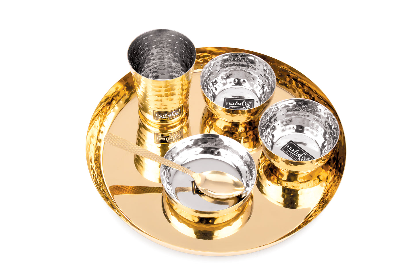 NATULIX Royal Stainless Steel Gold Hammered Finish Dinner Set of 6 Pcs ( 1 Thali, 2 Bowl, 1 Sweet Plate, 1 Spoon & 1 Glass)