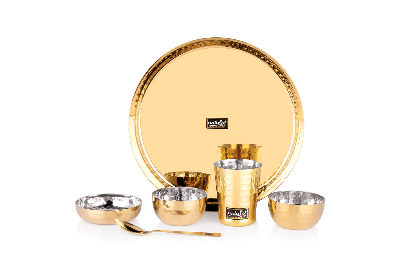 NATULIX Royal Stainless Steel Gold Hammered Finish Dinner Set of 6 Pcs ( 1 Thali, 2 Bowl, 1 Sweet Plate, 1 Spoon & 1 Glass)
