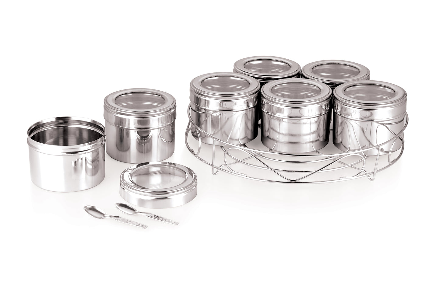 NATULIX Stainless Steel Multipurpose Kitchen Containers | Dry fruit Stand with See Through Lid and 7 small Spoons - 400ml each